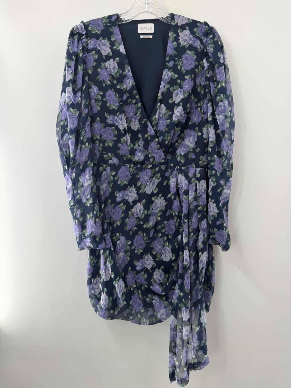 Saylor Merritt Chiffon Purple Floral Long Sleeve Cocktail Dress Mini Size Small